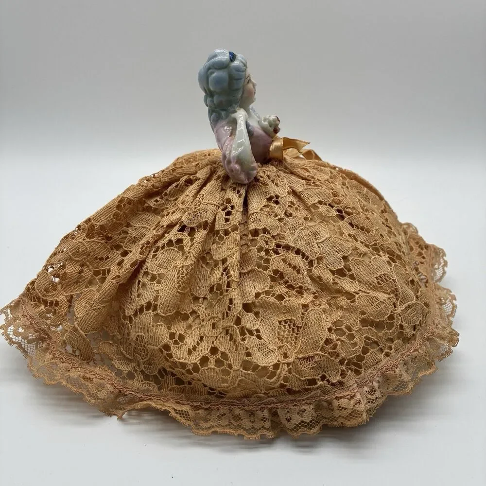 Vintage German porcelain half doll needle and pin cushion with lace dress 8